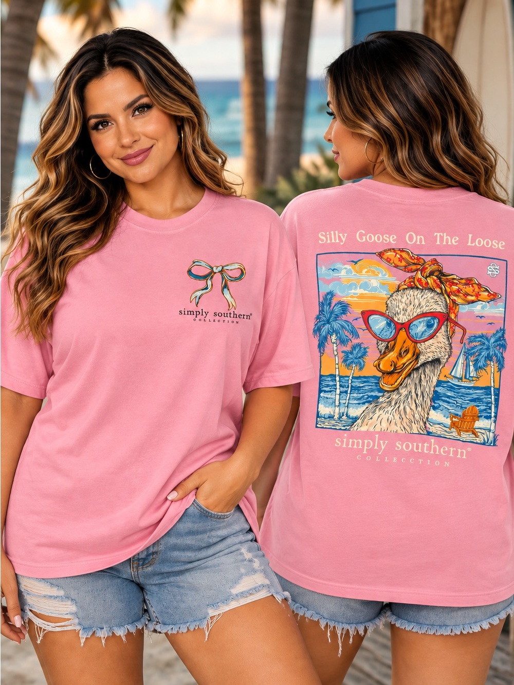 Simply Southern Pink Short Sleeve Tee with Silly Goose Beach Graphic